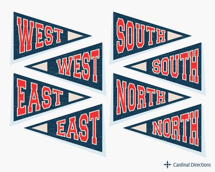 Pennant template set. Pennants with cardinal directions - north, east, south, and west. Vector illustration
