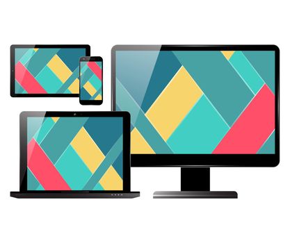 Computer monitor, smartphone, laptop and tablet pc set. Electronic devices with material design screens. Vector illustration.