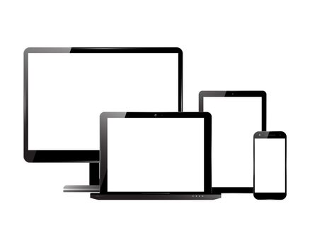 PC monitor, smartphone, laptop and computer tablet. Electronic devices with blank screens. Vector illustration.