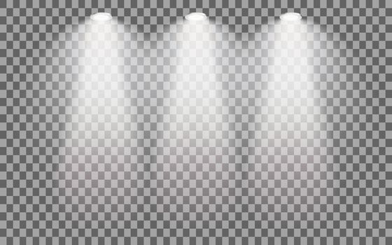 Scene illumination on transparent background. Set of stage illuminated spotlight. Cold light effect. Vector illustration.