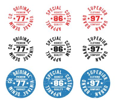 Set of color vintage circle stamp. T-shirt print design. Printing and badge applique label t-shirts, jeans, casual wear. Vector illustration.