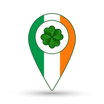 St. Patrick day icon for posters, greeting cards, brochures. Green clover with location mark and Ireland flag.  Vector illustration.