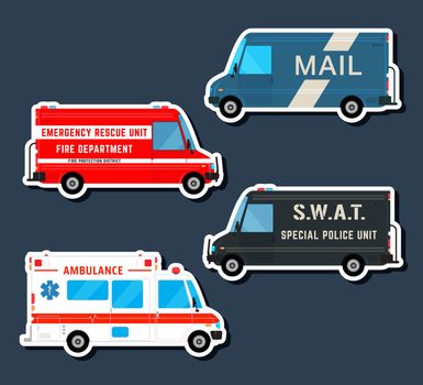 Set various city urban traffic vehicles icons. Mail delivery van, ambulance truck, fire department car, swat police bus isolated. Side view. Vector illustration.