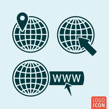 Globe icon. Globe with map pointer, location mark, internet sign. Vector illustration