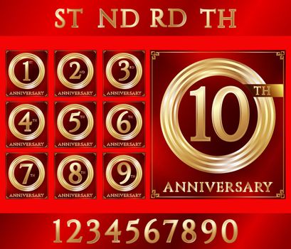 Anniversary gold ring logo with numbers. Set of anniversary cards on red background. Vector illustration.