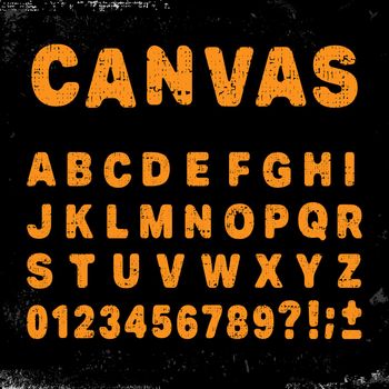 Canvas alphabet vintage template font. Letters and numbers grunge design. Vector illustration.