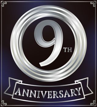 Anniversary silver ring logo number 9. Anniversary card with ribbon. Blue background. Vector illustration.