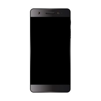 Black smartphone isolated on white background. Cell phone mockup design. Mobile phone with blank screen. Vector illustration.