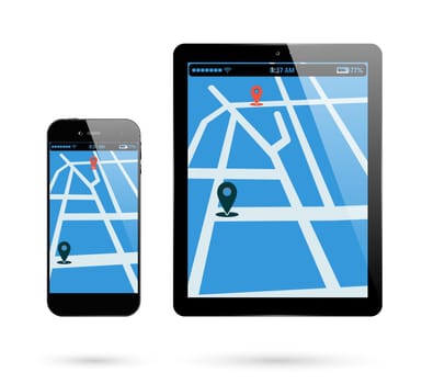 Smartphone and tablet with location mark on screen. Vector illustration.