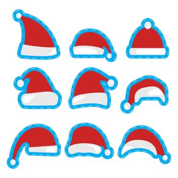 Christmas hat patch design. Printing and badge applique label t-shirts, jeans, casual wear. Santa Claus hats. Happy New Year and Merry Christmas decoration element. Vector illustration.