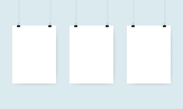 Three blank white poster with binder clips. Mockup design. Vector illustration.