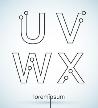 Connection dots font. Set of letters U, V, W, X logo or icon vector design