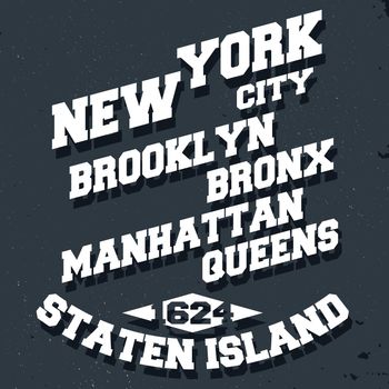 T-shirt print design. New York City vintage stamp, poster. Printing and badge, applique, label for t-shirts, jeans, casual wear. Vector illustration.