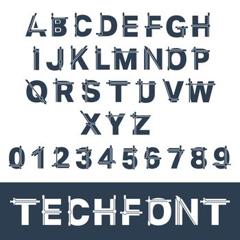 Techno alphabet font template. Set of letters and numbers. Vector illustration