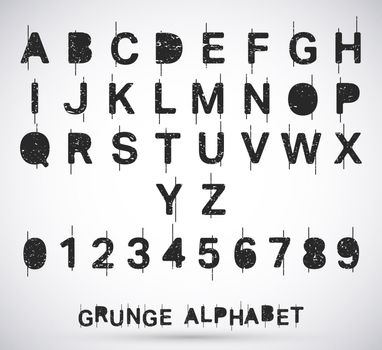 Alphabet grunge font set. Textured rough typeface with scratches. Letters and numbers. Vector illustration.