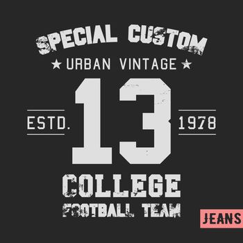 T-shirt print design. College team vintage stamp. Printing and badge applique label t-shirts, jeans, casual wear. Vector illustration.