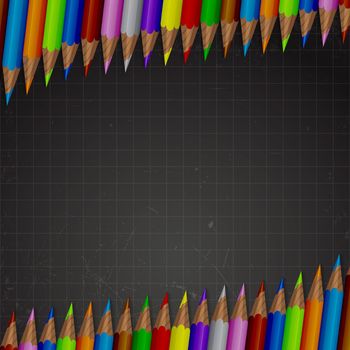 Back to school background. Black chalkboard and colored pencils. Vector illustration.