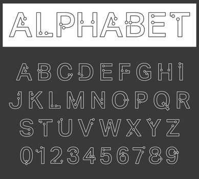 Alphabet font template. Connection dots design. Letters and numbers. Vector illustration.