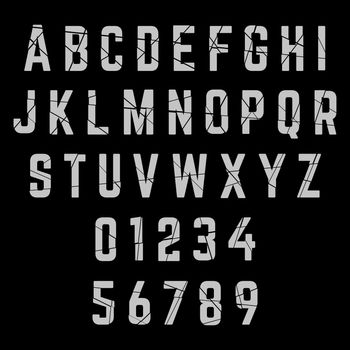 Alphabet broken font template. Letters and numbers. Vector illustration.