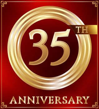 Anniversary gold ring logo number 35. Anniversary card. Red background. Vector illustration.