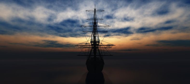 old ship sunset at sea 3d rendering illustration