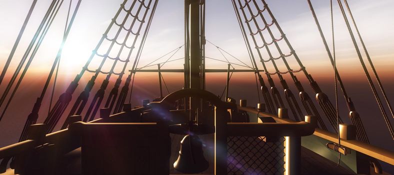 old ship sunset at sea 3d rendering illustration