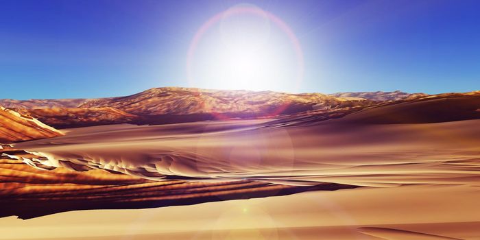 Dunes sunset over the desert. 3d rendering illustration