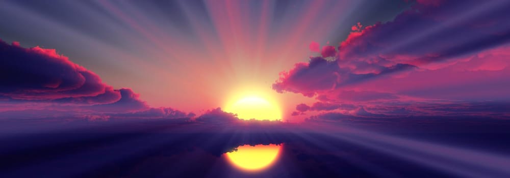 sunset calmly sea sun ray 3d render illustration