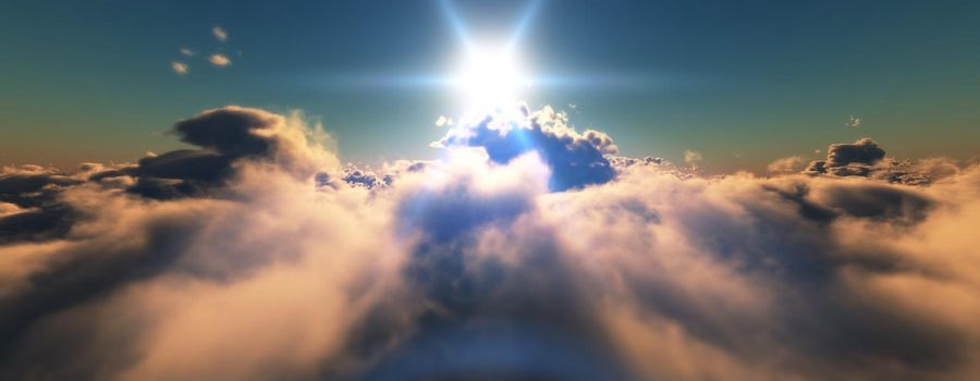 above clouds fly sunset sun ray illustration, 3d render