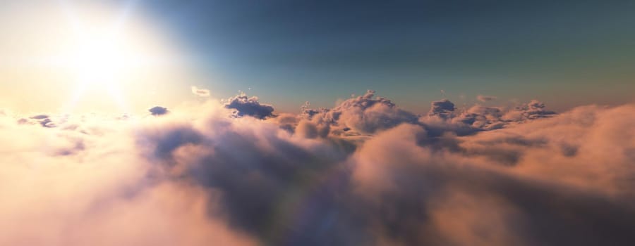 above clouds fly sunset sun ray illustration, 3d render