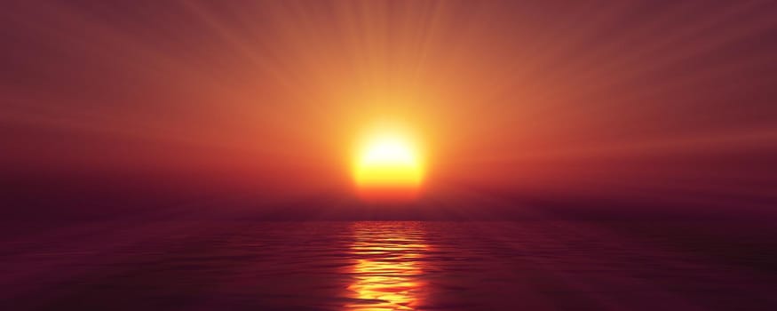 sunset sea sun ray clear sky, 3d rendering illustration