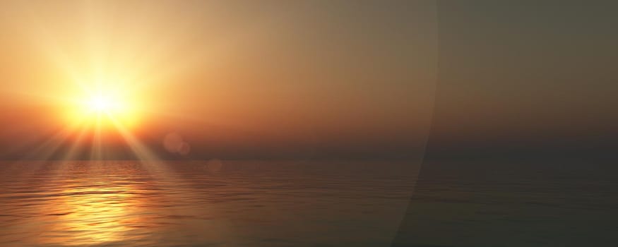 sunset sea sun ray clear sky, 3d rendering illustration