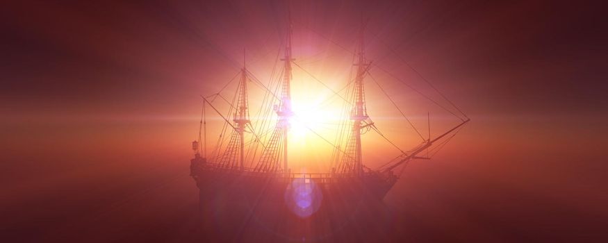 old ship sunset at sea 3d rendering illustration