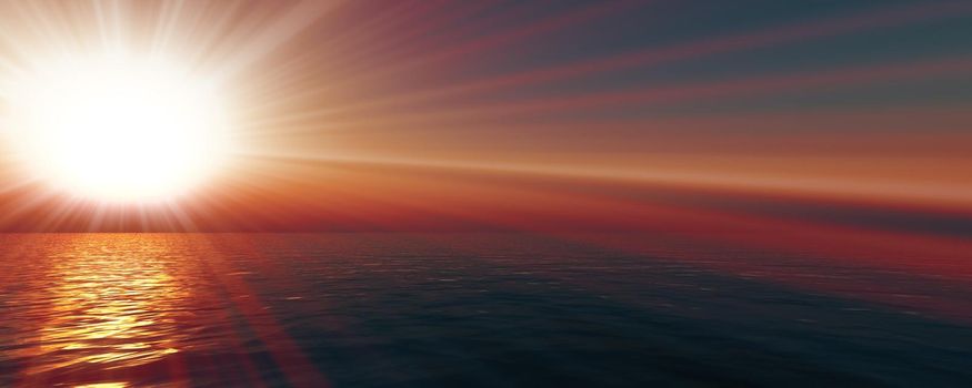 sunset sea sun ray clear sky, 3d rendering illustration