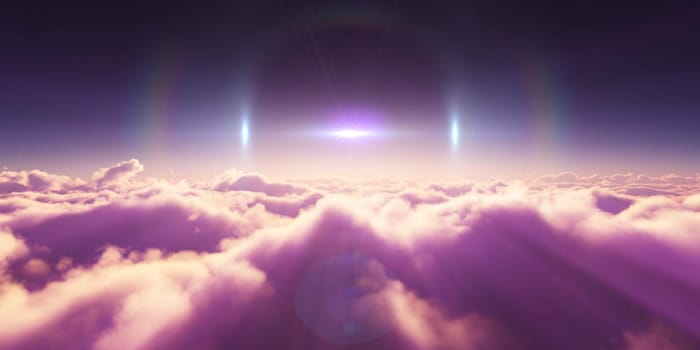 above clouds sunrise sun ray illustration, 3d rendering