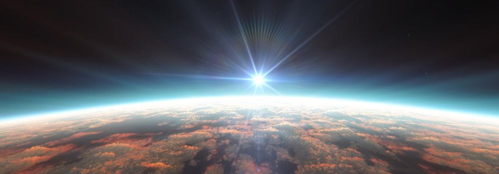 Earth sunrise from space over cloudy ocean. 3d rendering illustration