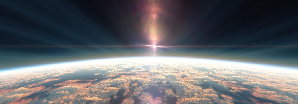 Earth sunrise from space over cloudy ocean. 3d rendering illustration