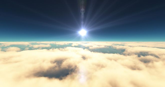 fly above clouds sunset landscape. 3d render illustration