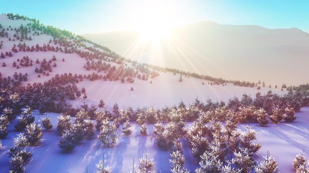 above winter forest mountain sunset 3D rendering illustration