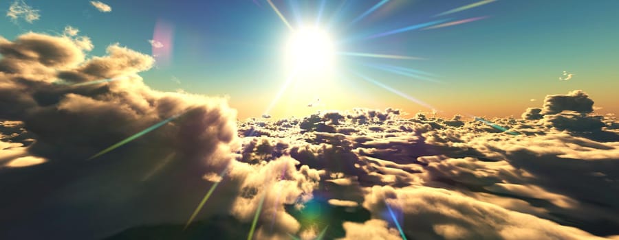 above clouds fly sunset sun ray illustration, 3d render