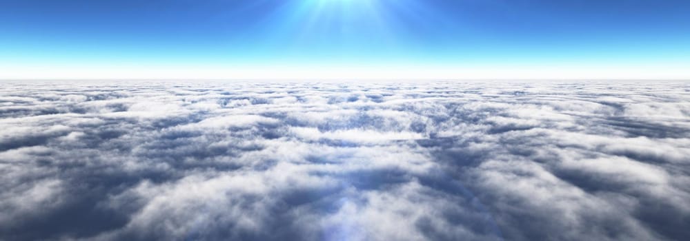 Above clouds sun ray, 3d rendering illustration