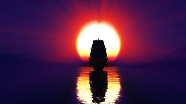 old ship at sea sunset, 3d render illustration