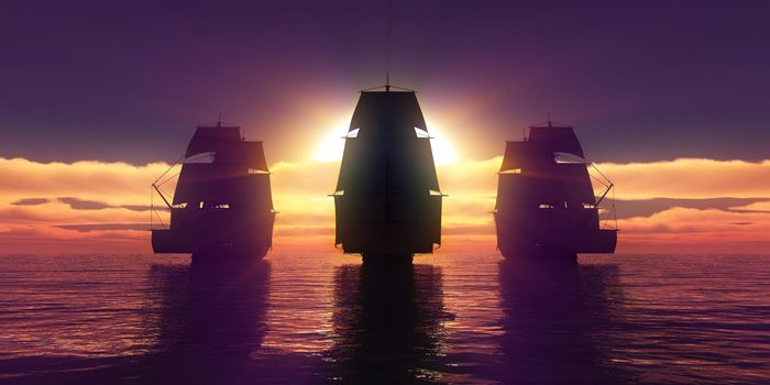 old three ships sunset at sea, 3d rendering illustration