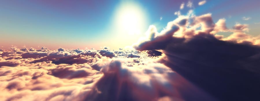 above clouds fly sunset sun ray illustration, 3d render