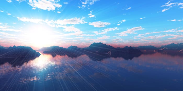 above islands in sea sunset, illustration 3d rendering