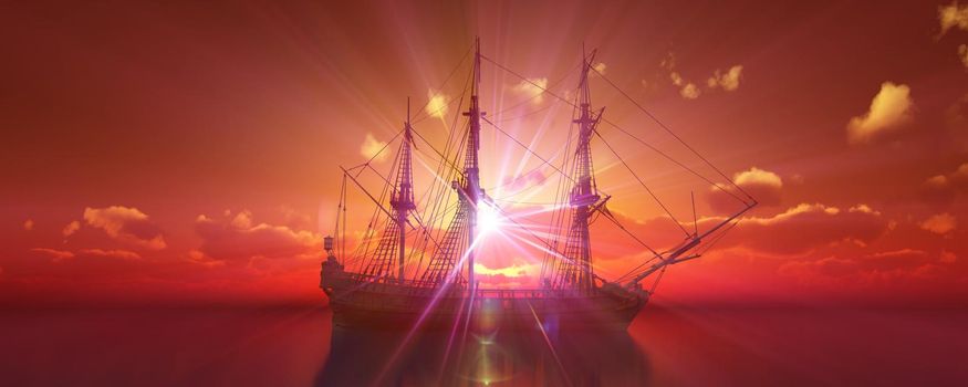 old ship sunset at sea 3d rendering illustration