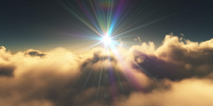 above clouds sunrise sun ray illustration, 3d rendering