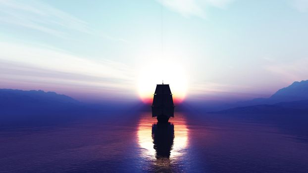 old ship at sea sunset, 3d render illustration