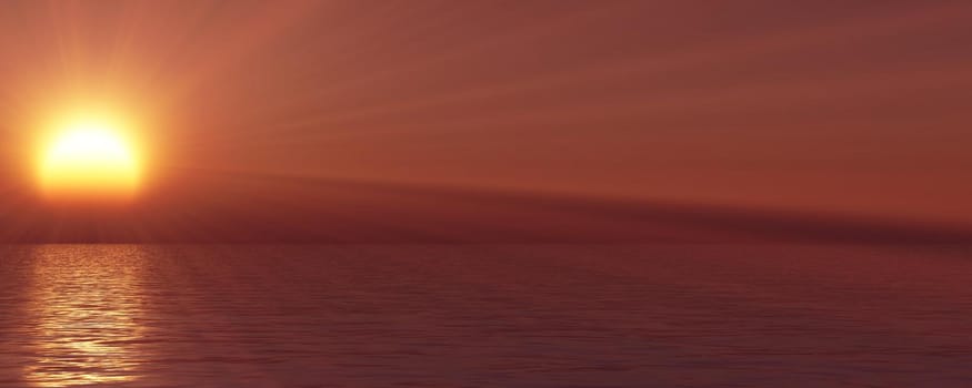 sunset sea sun ray clear sky, 3d rendering illustration