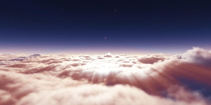 dream fly above clouds ray light, 3d rendering illustration